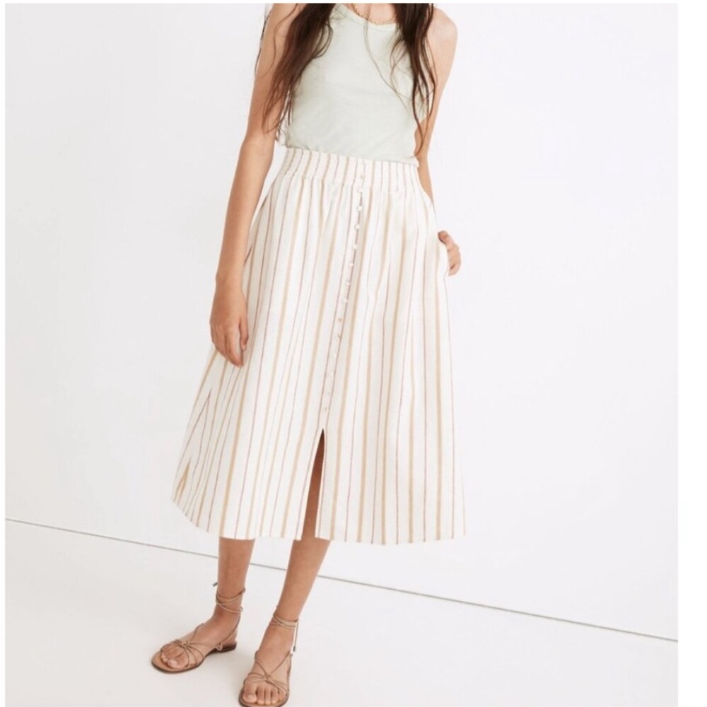 M Madewell NA233 Linen-Cotton Smocked-Waist Button-Front Midi Skirt Desert Dune